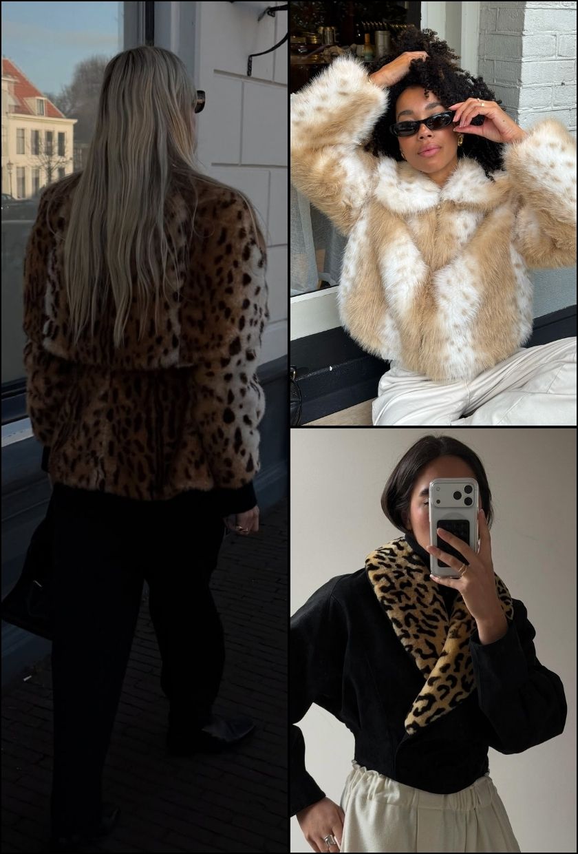 lindatol_ wears a leopard-print faux-fur jacket, @amaka.hamelijnck wears a deer-print faux-fur jacket, @selenamual wears a leopard-print faux-fur trim jacket