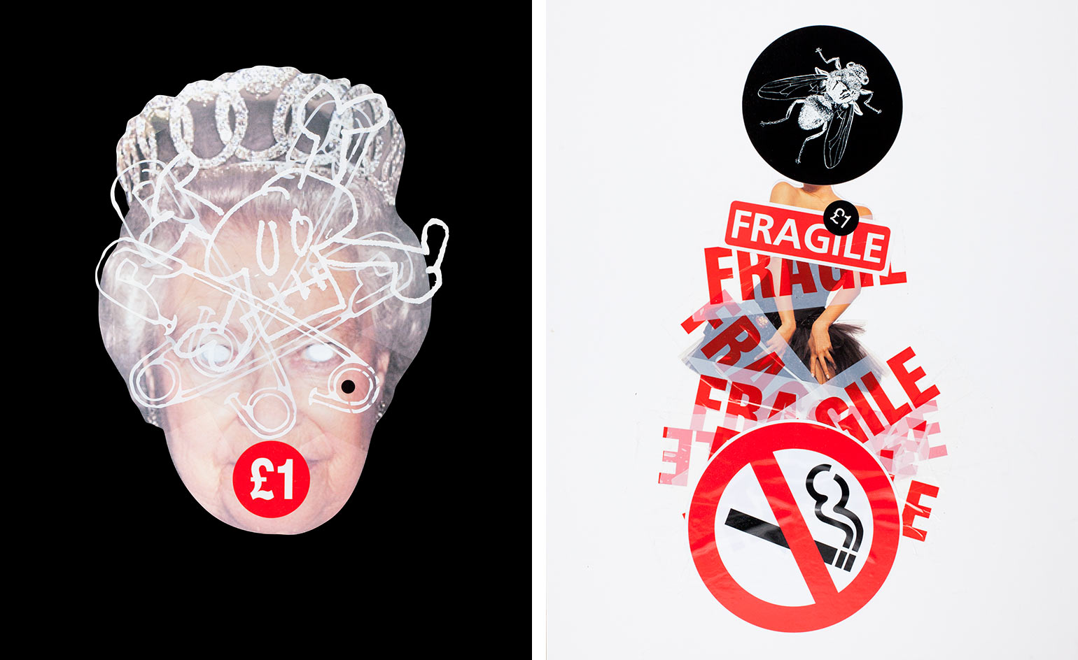 Left, Cheap Queen Collage, 1994. Right, Fragile Collage, 2008.