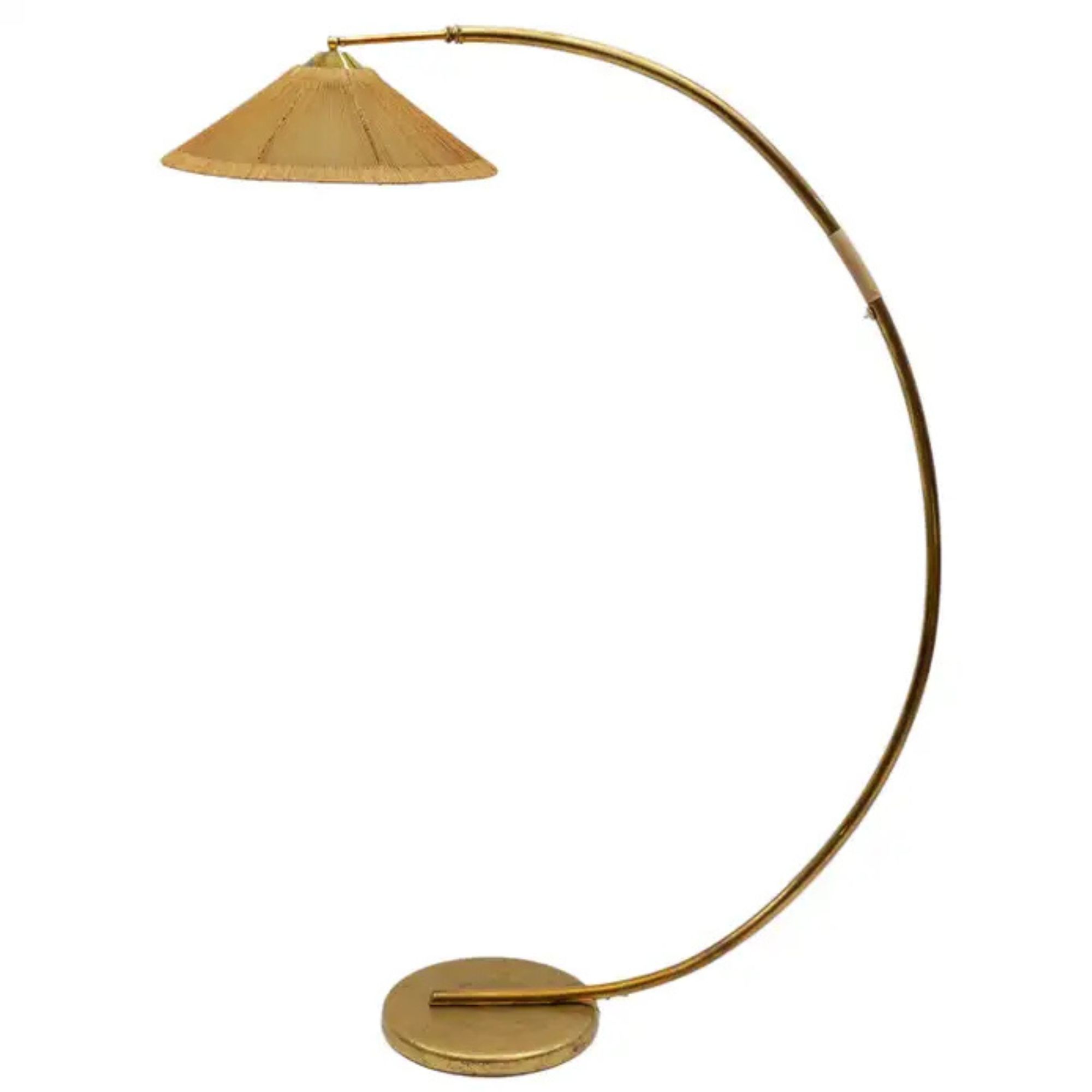 Mid-Century Modern Brass & Rattan Arc Floor Lamp, Italy 1950s