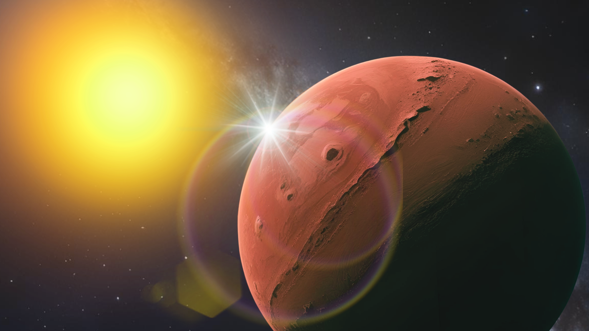 A rusty red sphere next to a glowing golden orb