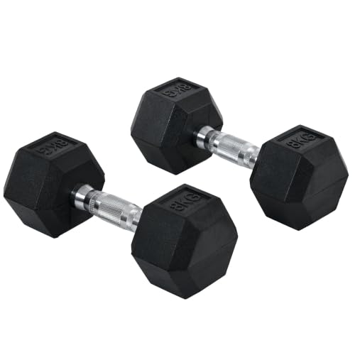 Homcom Juego de mancuernas hexagonales de goma, 2x8kg, pesas libres antideslizantes