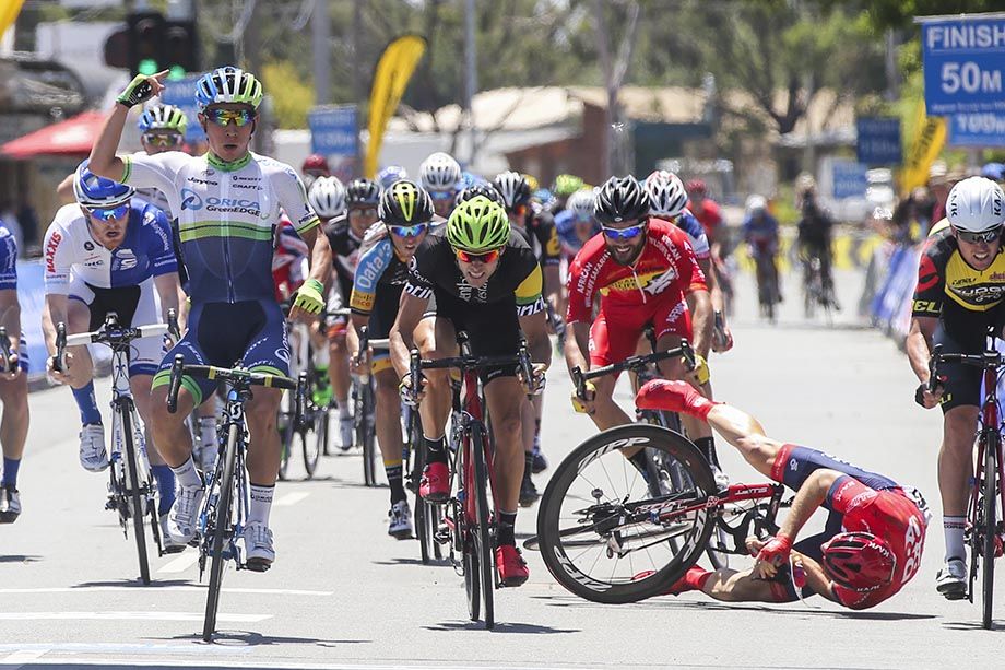 Brenton Jones crashes on the finish line