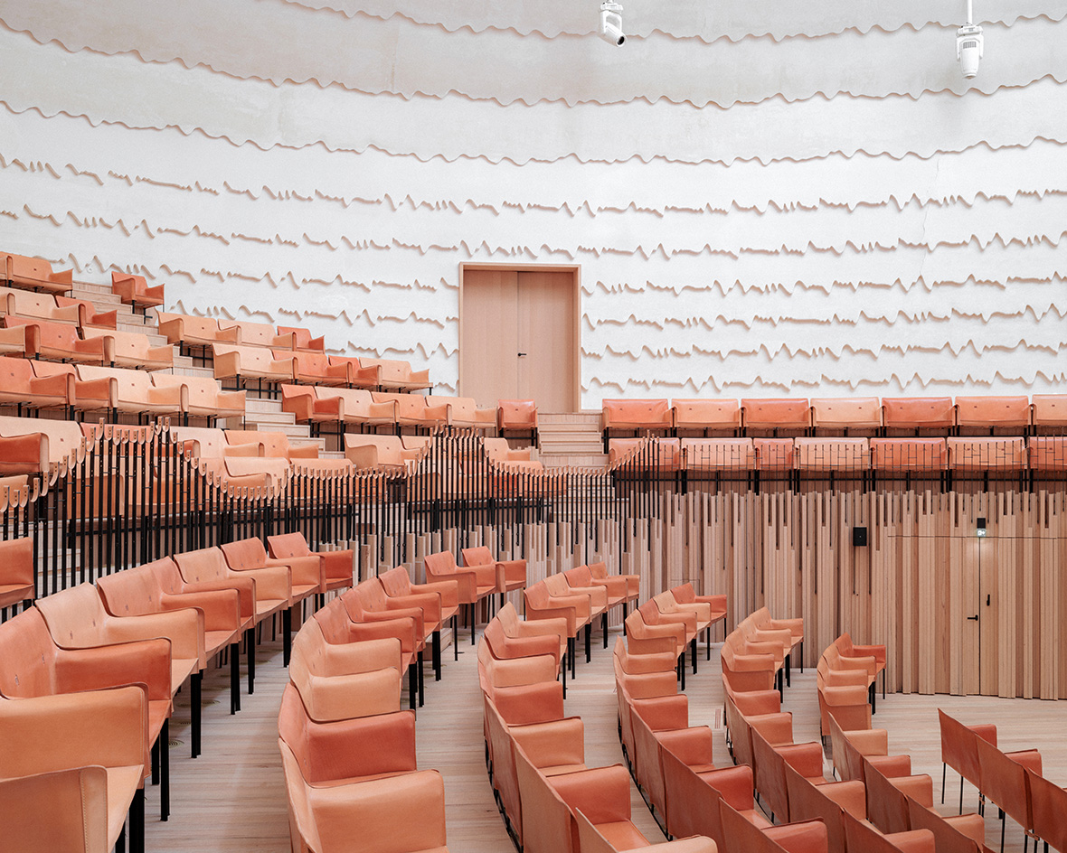 Evian concert hall, La Source Vive, all organic forms in the woods