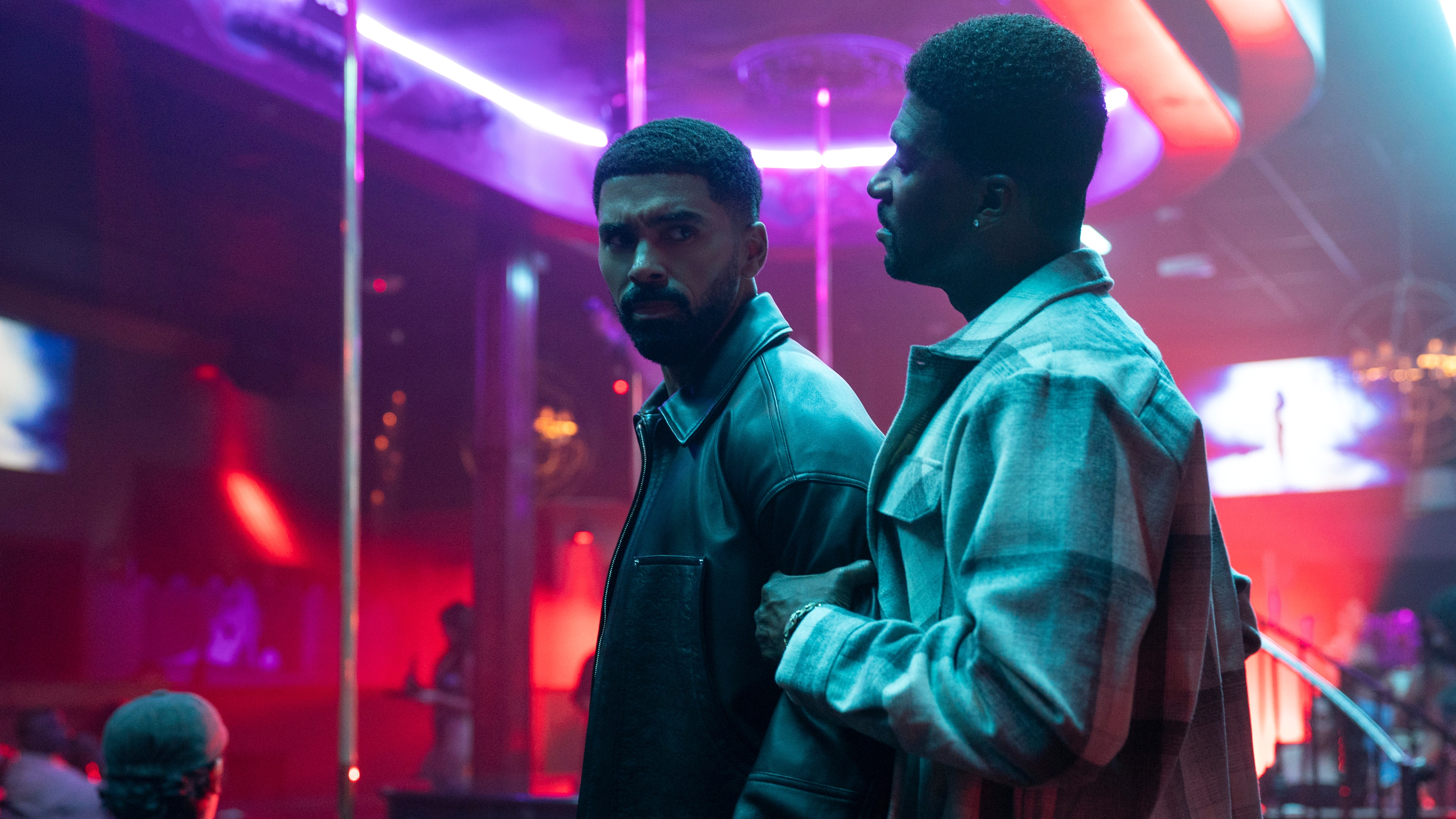 L-R: Isaiah Stiles (Matthew Law) and Amos Stiles (Moe Irvin) in a club scene from Netflix's &amp;quot;Nemesis&amp;quot;