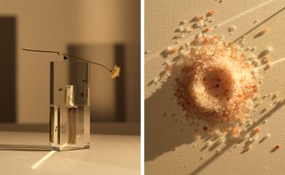 Left: perfume bottle with a piece of foliage lying across the top. Right: perfumed bath salts