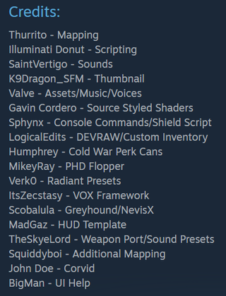 A screenshot that reads: "Credits:Thurrito - MappingIlluminati Donut - ScriptingSaintVertigo - SoundsK9Dragon_SFM - ThumbnailValve - Assets/Music/VoicesGavin Cordero - Source Styled ShadersSphynx - Console Commands/Shield ScriptLogicalEdits - DEVRAW/Custom InventoryHumphrey - Cold War Perk CansMikeyRay - PHD FlopperVerk0 - Radiant PresetsItsZecstasy - VOX FrameworkScobalula - Greyhound/NevisXMadGaz - HUD TemplateTheSkyeLord - Weapon Port/Sound PresetsSquiddyboi - Additional MappingJohn Doe - CorvidBigMan - UI Help"