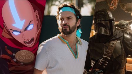 (From L to R) Aang (voiced by Eric Nam) in Avatar Aang: The Last Airbender on Paramount+; Jake Johnson as Dusty Boyd in The Dink on Apple TV; Pedro Pascal as Din Djarin in The Mandalroain and Grogu. 