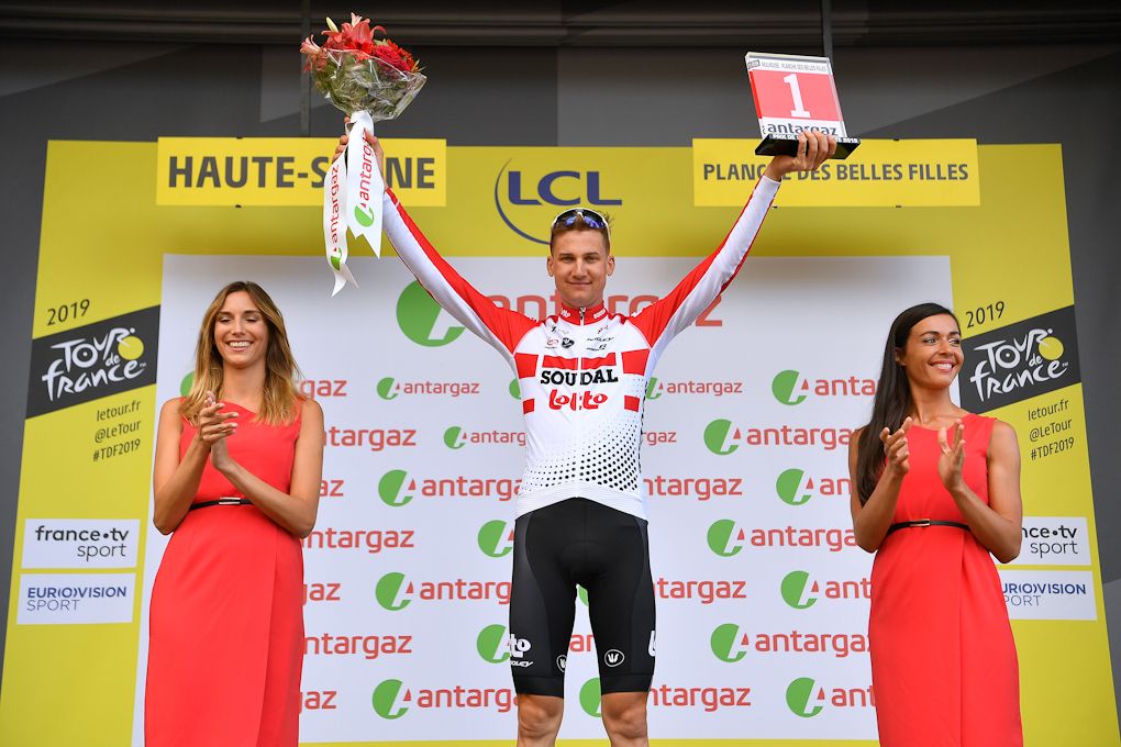 Tim Wellens on the Tour de France podium after stage 6