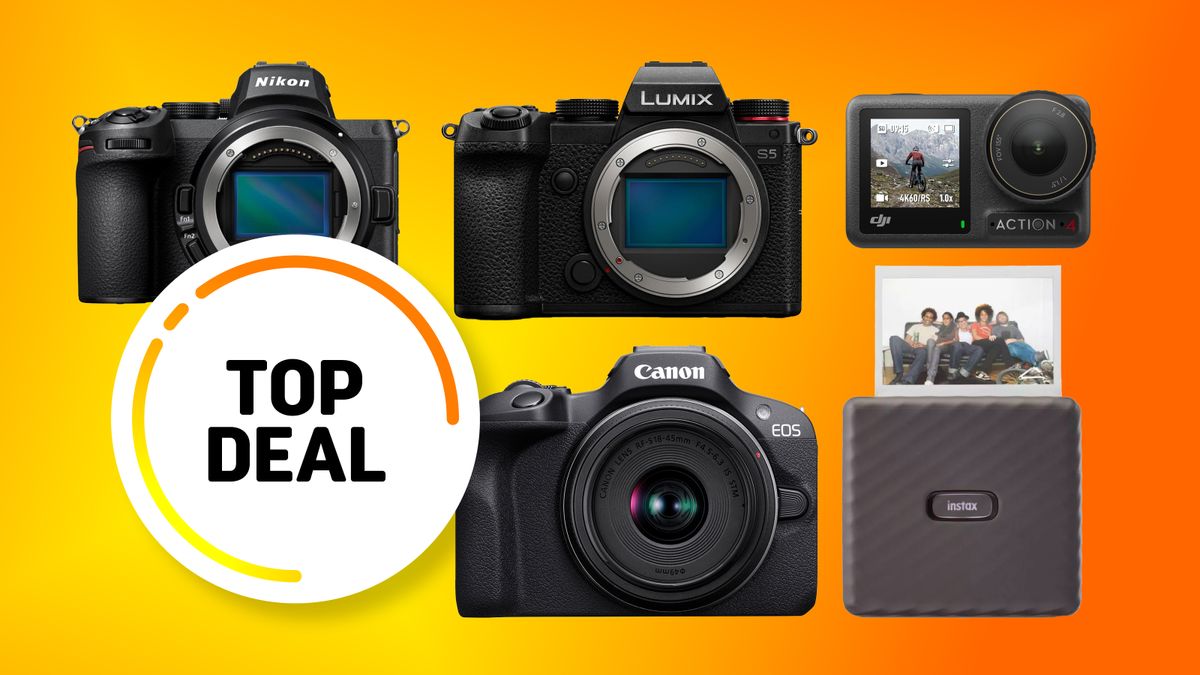 Discounted cameras on a yellow and orange background