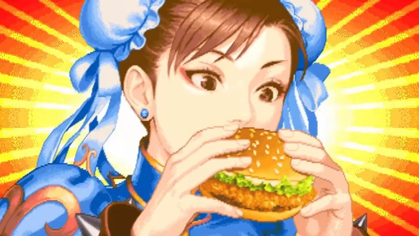 An image of Chun-Li eating a burger from McDonald&#039;s Street Fighter burger advert