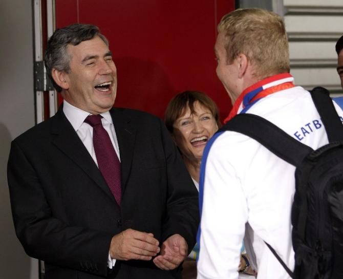 Chris Hoy meets Gordon Brown after the 2008 Olympic Games