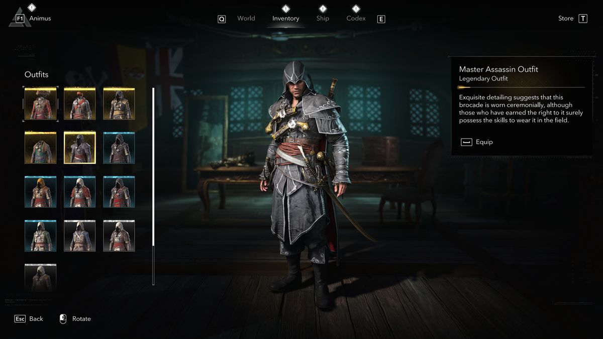 Black Flag outfits: The Master Assassin Oufit viewed in the menu.