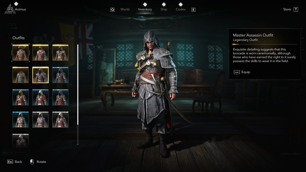 Black Flag outfits: The Master Assassin Oufit viewed in the menu.