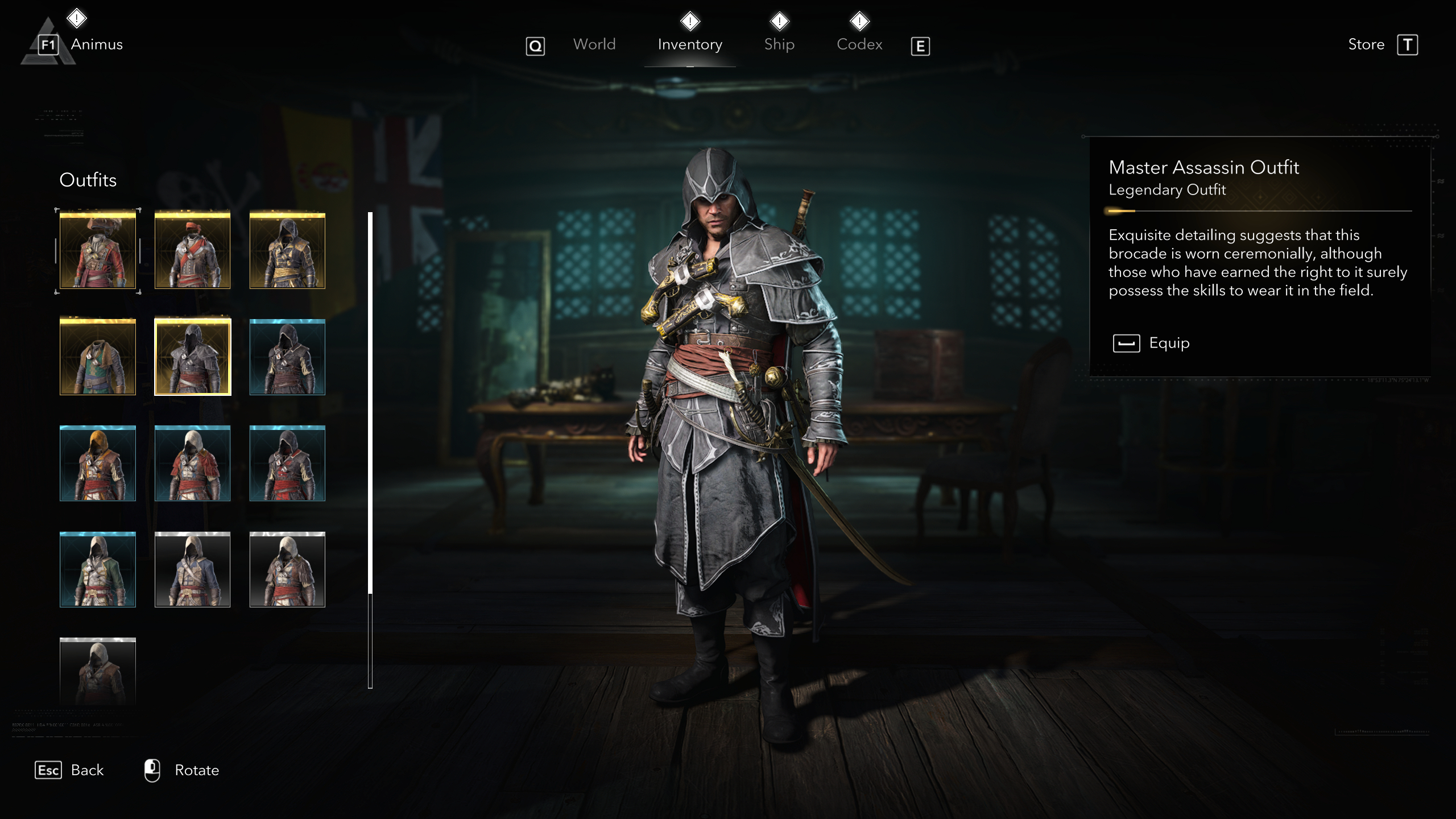 Black Flag outfits: The Master Assassin Oufit viewed in the menu.