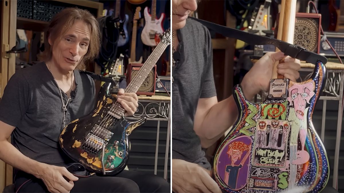 “He took it on tour, beat the heck out of it, then painted it. This is a family heirloom now”: Joe Satriani gifted Steve Vai his relic’d, custom-painted Ibanez signature – now it’s one of Vai’s most treasured guitars