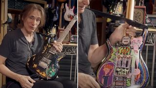 Steve Vai with his custom Ibanez JS1, which was gifted to him by Joe Satriani. It features a heavy relic'd black finish and custom artwork on the back