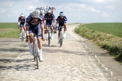 Mathieu van der Poel on a recon at the 2022 Paris-Roubaix