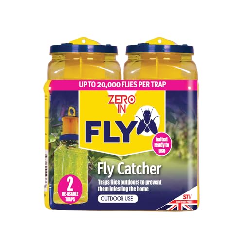 Zero in Outdoor Fly Trap - Ready-Baited Outdoor Fly Catcher, Twin Pack - Non-Toxic, Insect Trap to Attract & Trap Bugs - Suitable for Garden & Outdoor Use, Lasts Up to 2-3 Weeks