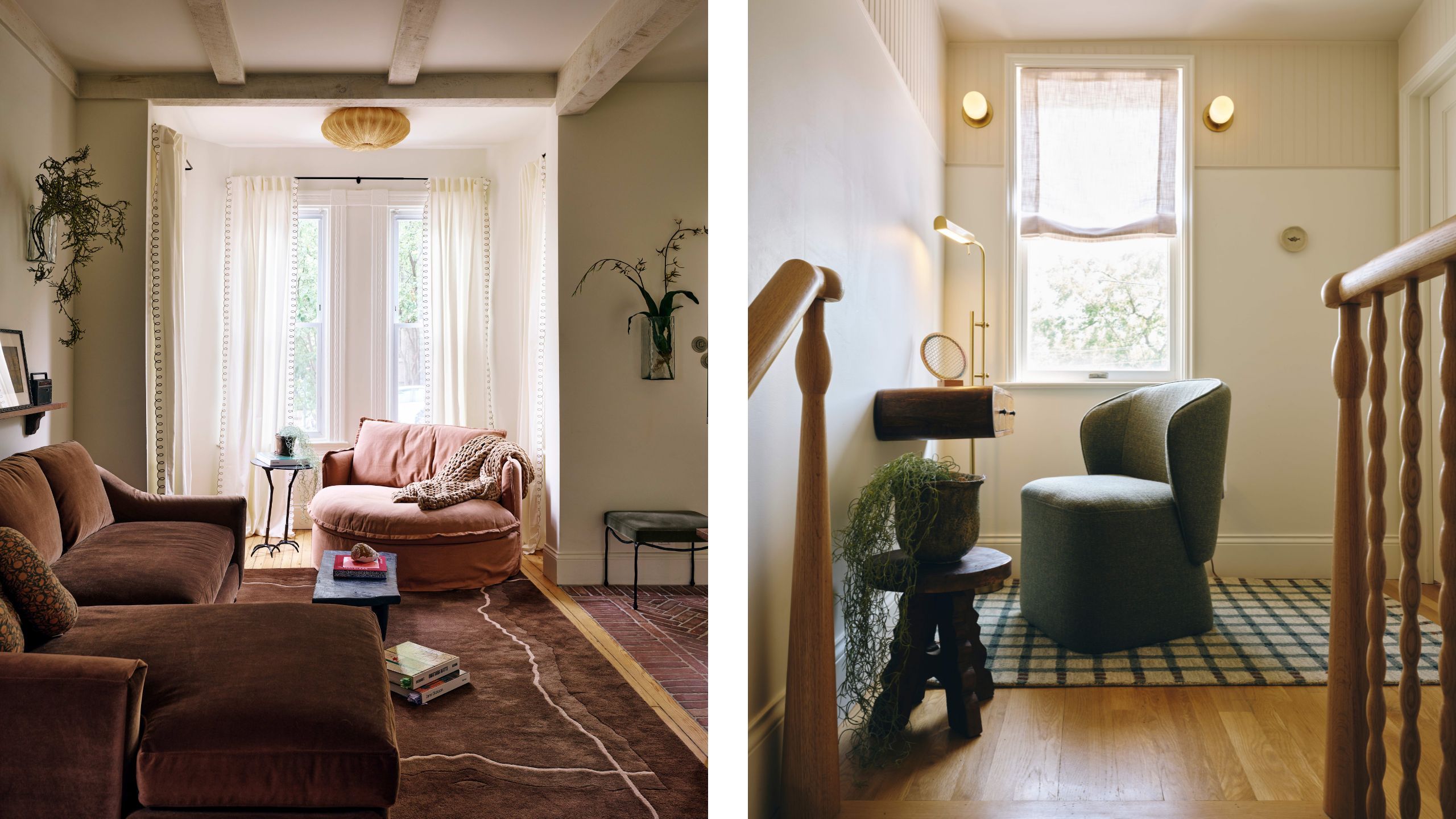 two side by side images of a living room and upstairs landing in a historic washing home