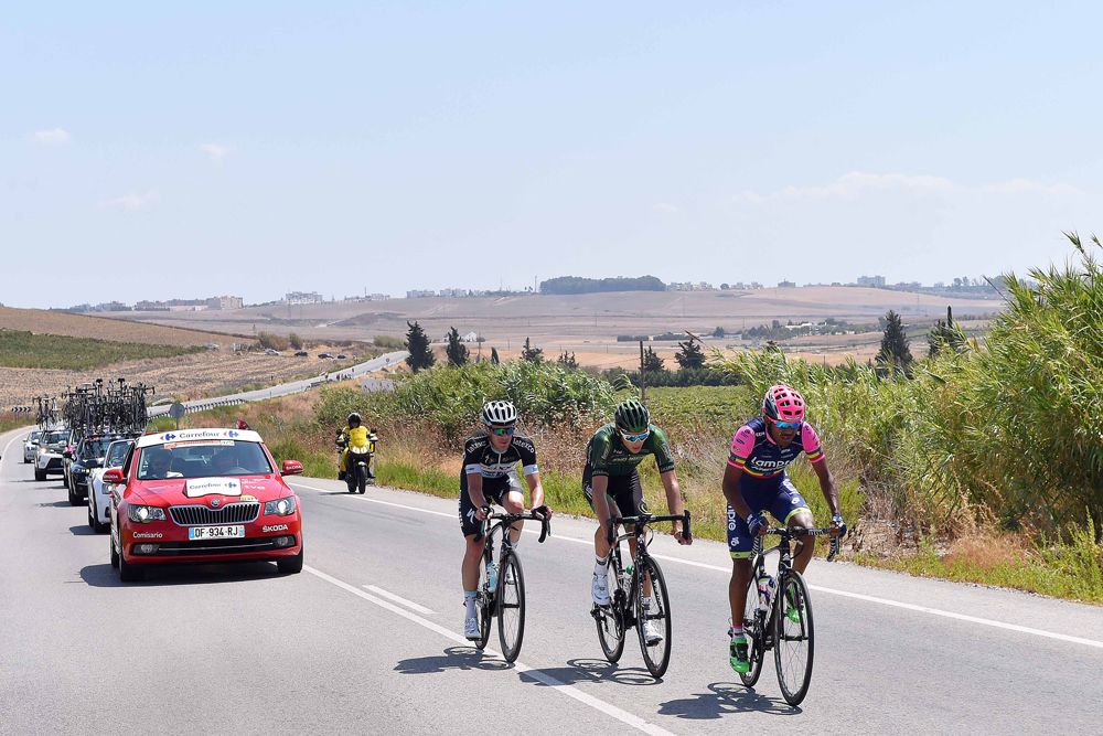 The breakaway riders stretch out their advantage