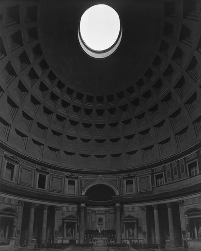 View of two side-by-side black and white photos. The first photo is of a staircase at Villa Farnese II, Caprarola, 2016. And the second photo is of Duomo, Florence, 2016