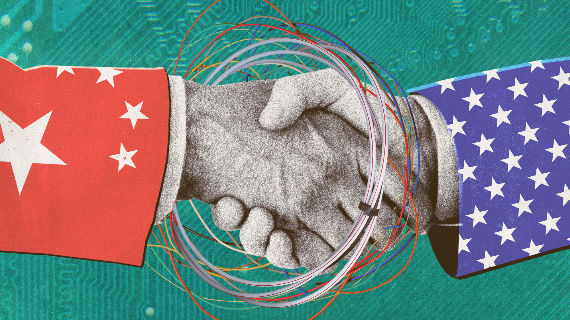 Photo collage of a handshake, with the hands tangled in multicoloured cables.