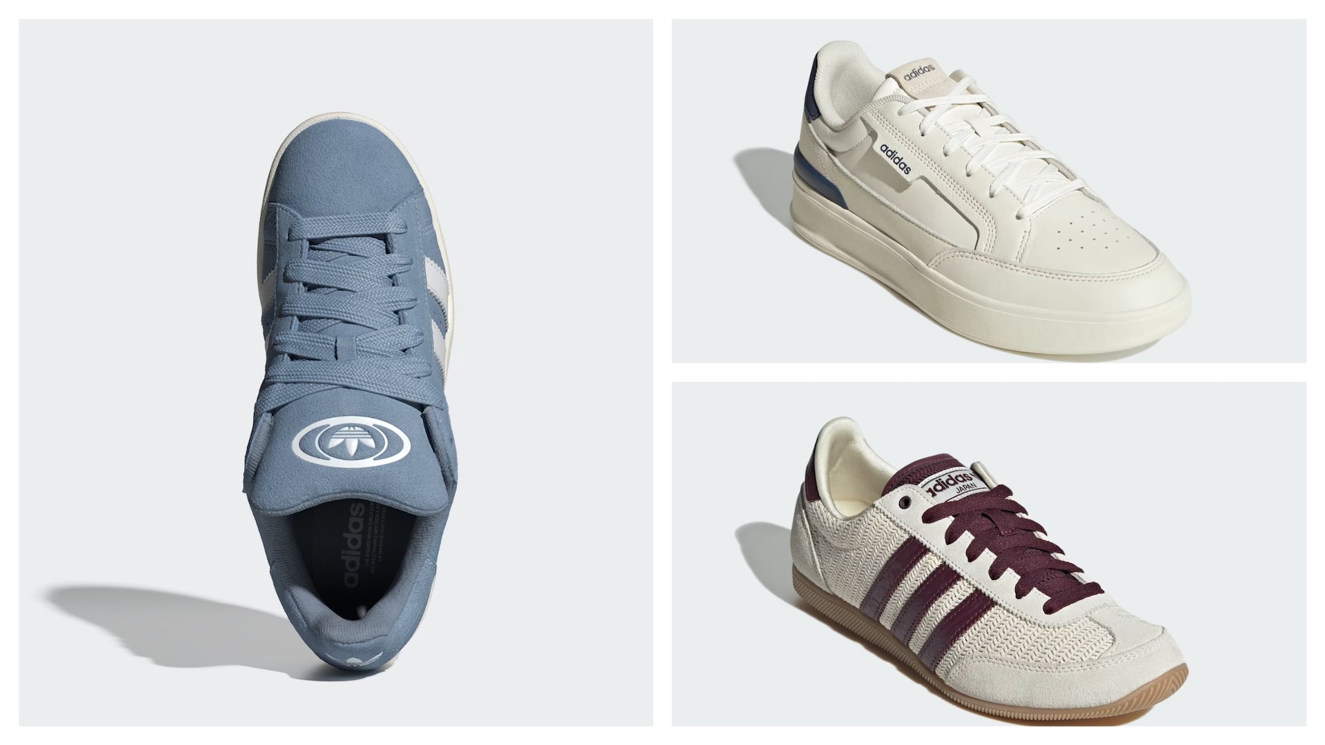 Three Adidas trainers in a plain background