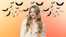 amanda seyfried on an orange background with black bats at the top