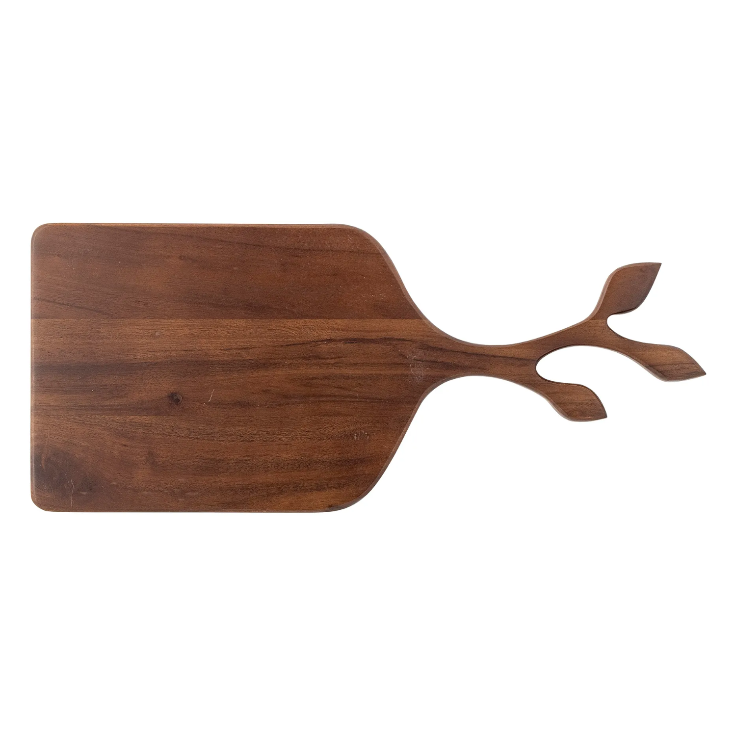 A wood cutting board with a tree handle