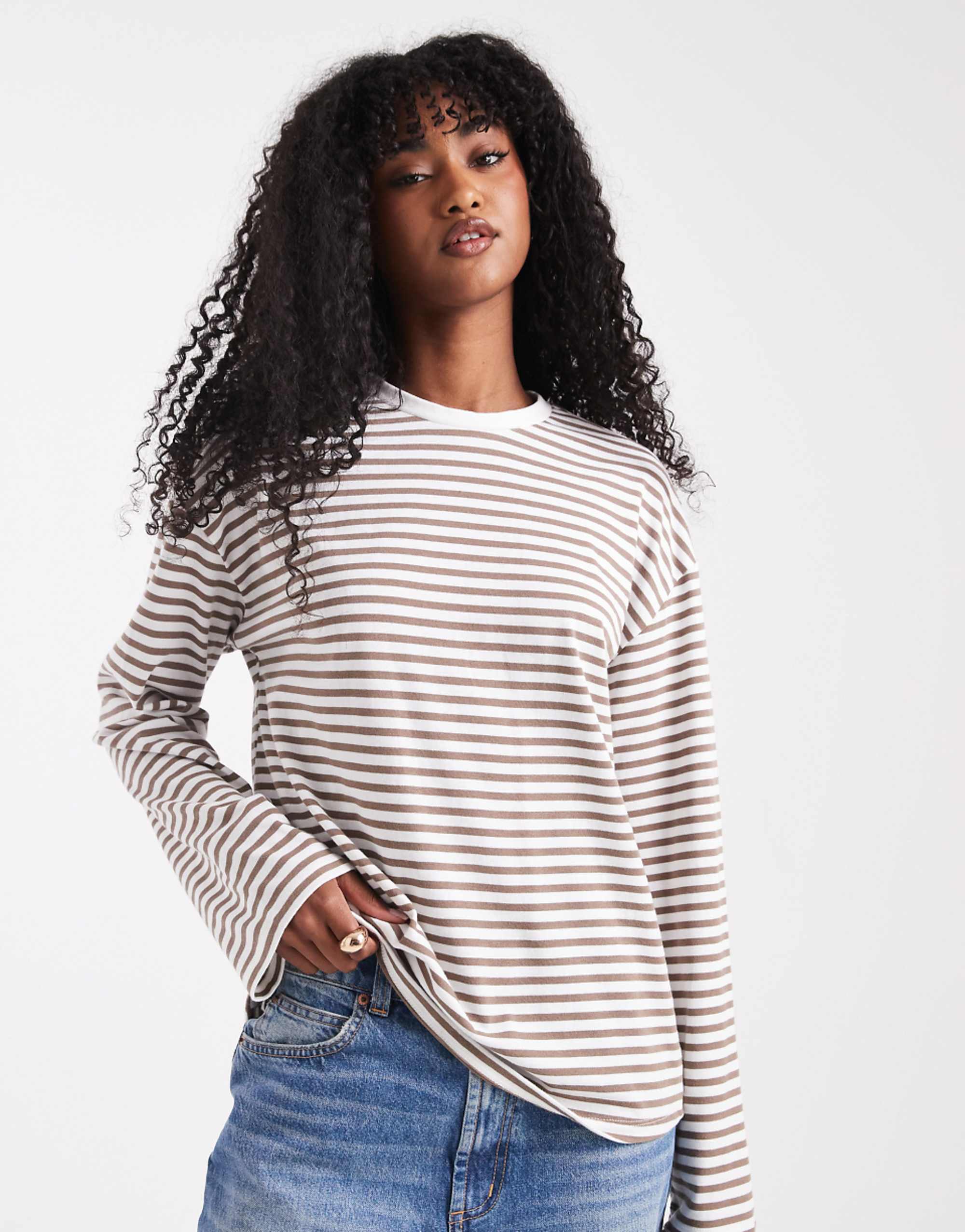 Pieces Long Sleeve T-Shirt in Beige Stripe
