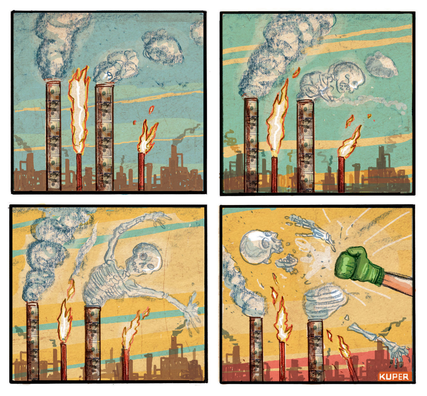This is a four-panel political cartoon. The first three panels show smokestacks polluting the air with fire and smoke. Starting in the second panel, the smoke starts to form into the shape of a deathly skeleton. In the final panel, a green boxing glove appears and hits the skeleton, breaking it apart.