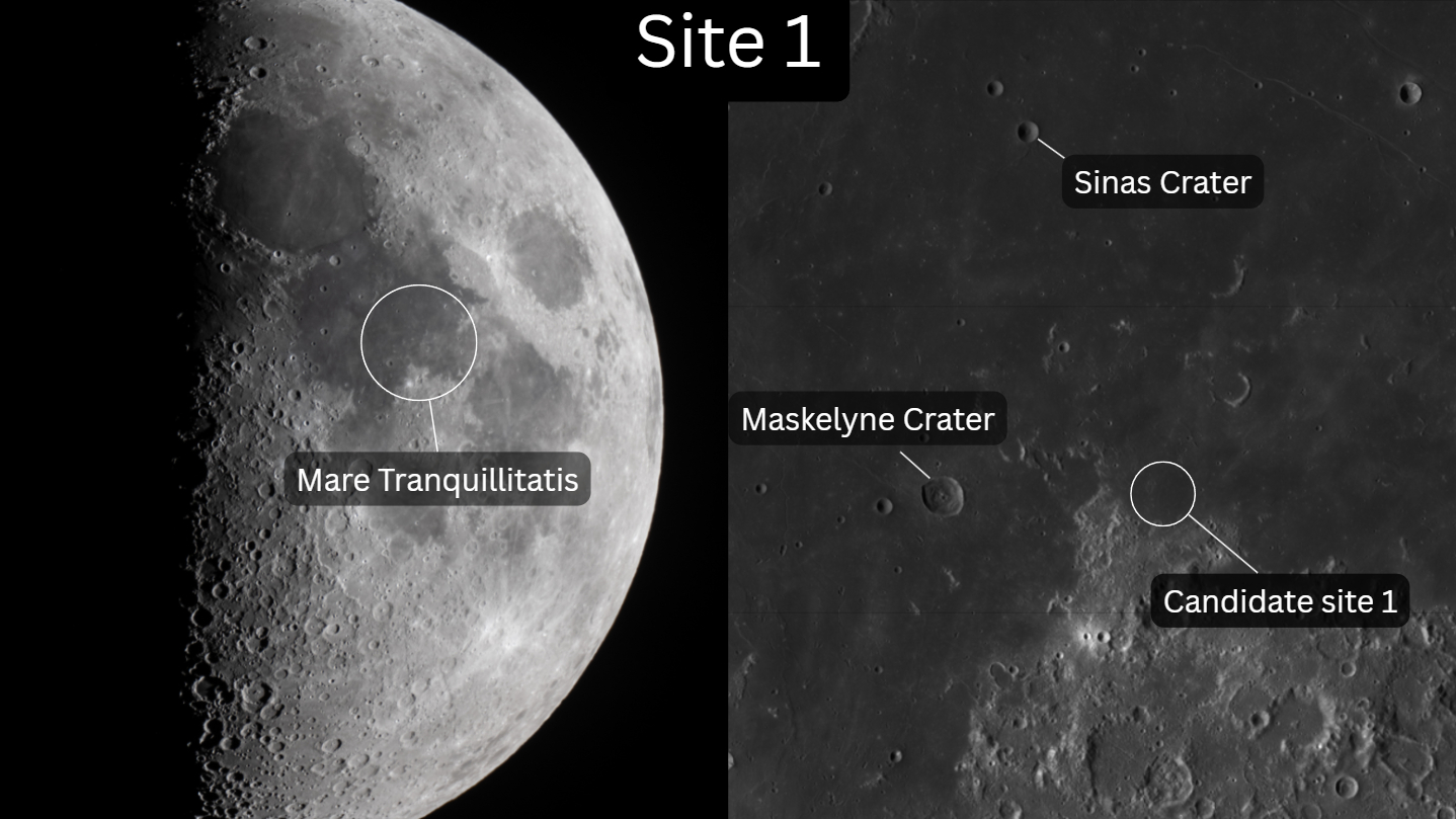 A composite image. The left side shows the first quarter moon with the location of the Sea of Tranquility shown in a white circle. The image on the right shows a close up view of the region surrounding the candidate landing site.