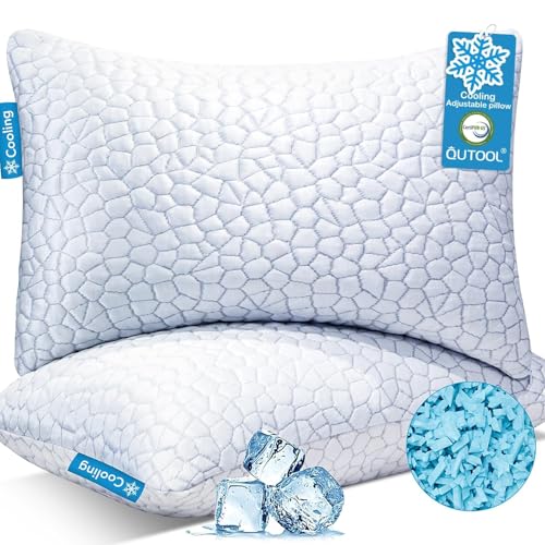 Qutool Cooling Pillow for Sleeping, Certipur-Us Shredded Memory Foam Queen Pillows Set of 2, Cool Pillow for Hot Sleepers Adjustable Firm Pillow for Side, Back, Stomach Sleepers Soft Yet Support,white
