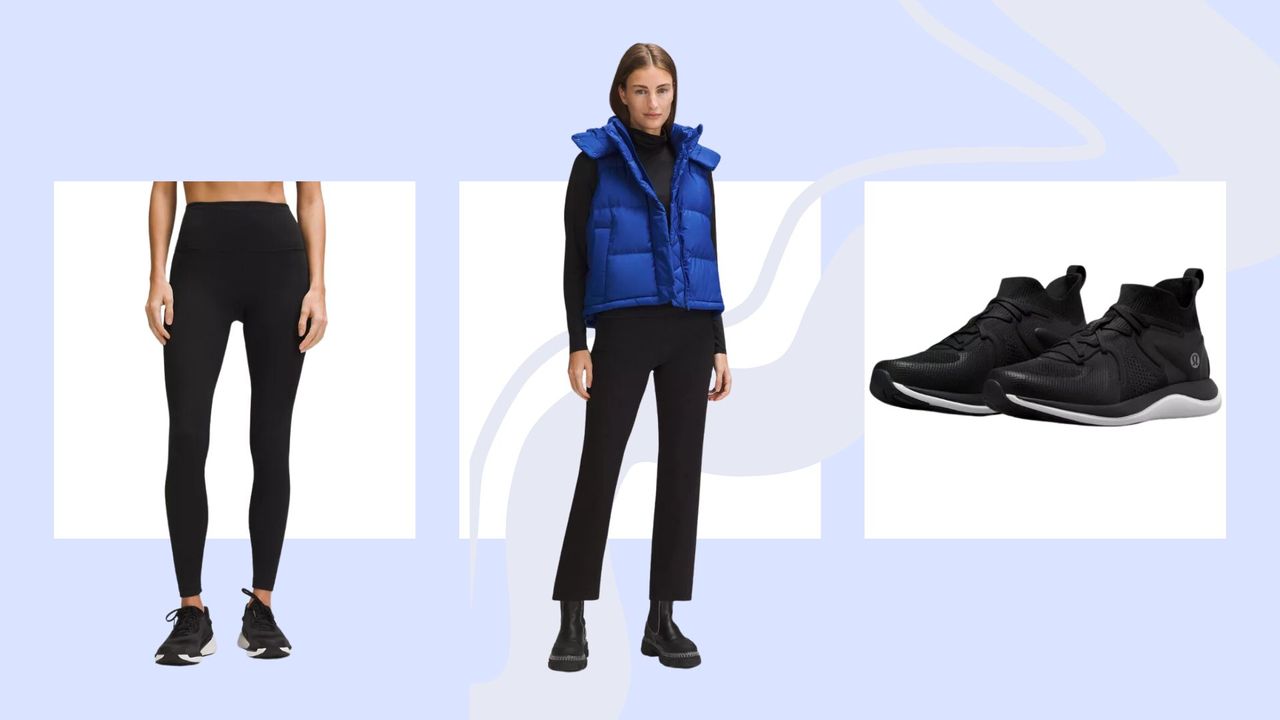 Lululemon sale products, including Wunder Train leggings, a puffer gilet, and chargefeel trainers for working out, all discounted now