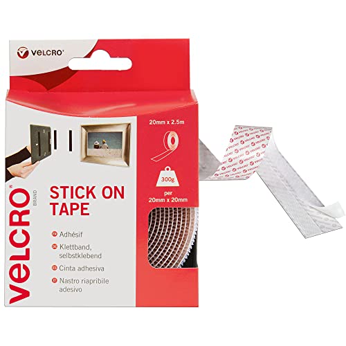 Velcro Brand Stick on Tape , Cut-To-Length Strong Hook &amp;amp; Loop Self Adhesive Sticky Tape Perfect for Room D&amp;eacute;cor &amp;amp; Home, Office, Garage Use . White , 20mm X 2.5m