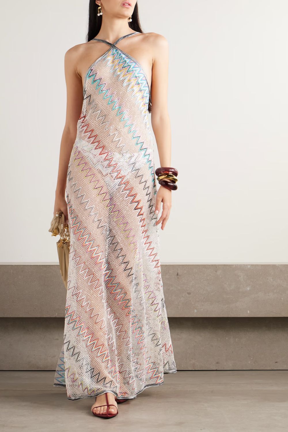 Missoni Mare striped metallic crochet-knit halterneck dress