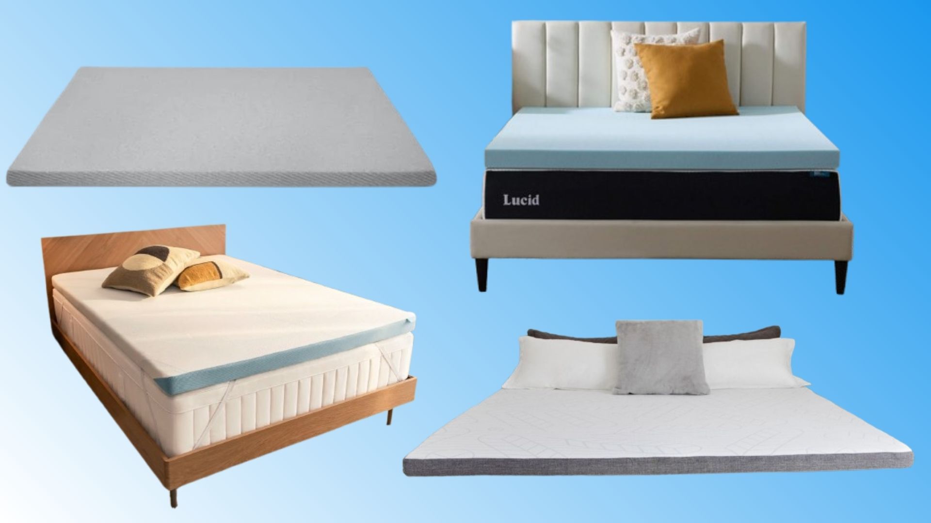 (Clockwise from left) Cut-outs of four of the best mattress toppers: the Casper Comfy Topper, the Lucid Gel Memory Foam Mattress Topper, Tempur-Adapt + Cooling Mattress Topper, and the Sleepyhead Cooling Copper Topper on a gradient blue background. 