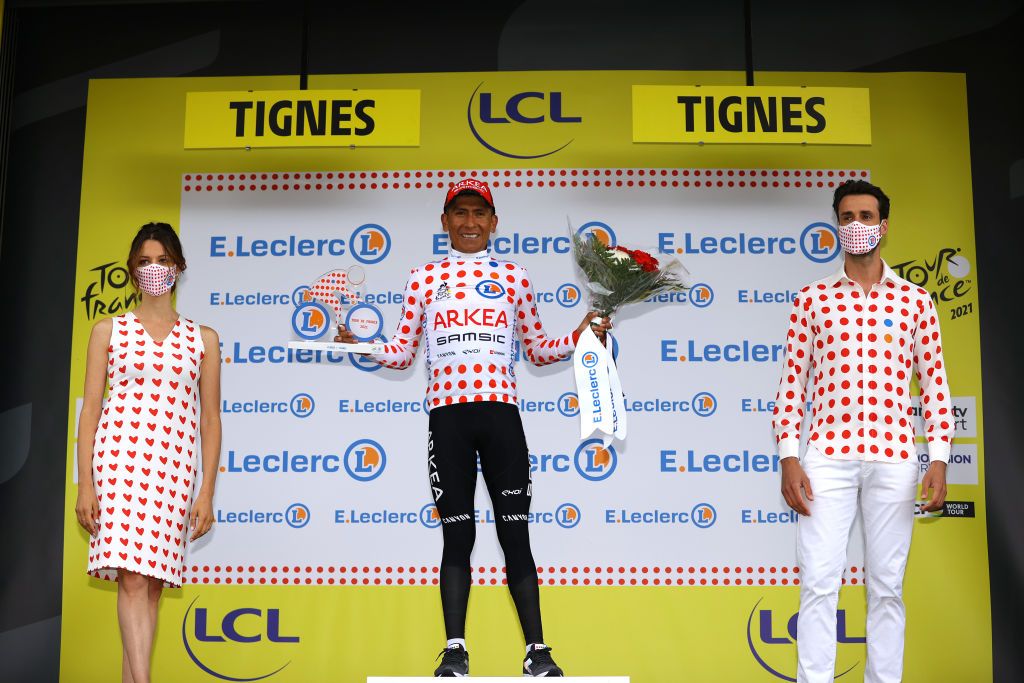 TIGNES FRANCE JULY 04 Nairo Quintana of Colombia and Team Arka Samsic Polka Dot Mountain Jersey celebrates at podium during the 108th Tour de France 2021 Stage 9 a 1449km stage from Cluses to Tignes Monte de Tignes 2107m Trophy LeTour TDF2021 on July 04 2021 in Tignes France Photo by Tim de WaeleGetty Images
