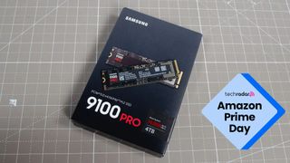 The Samsung 9100 Pro SSD on a desk during our review, with a TechRadar badge that reads 'Amazon Prime Day'