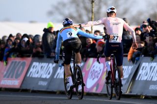 Mathieu van der Poel and Wout van Aert post the cyclo-cross World Championships in 2023