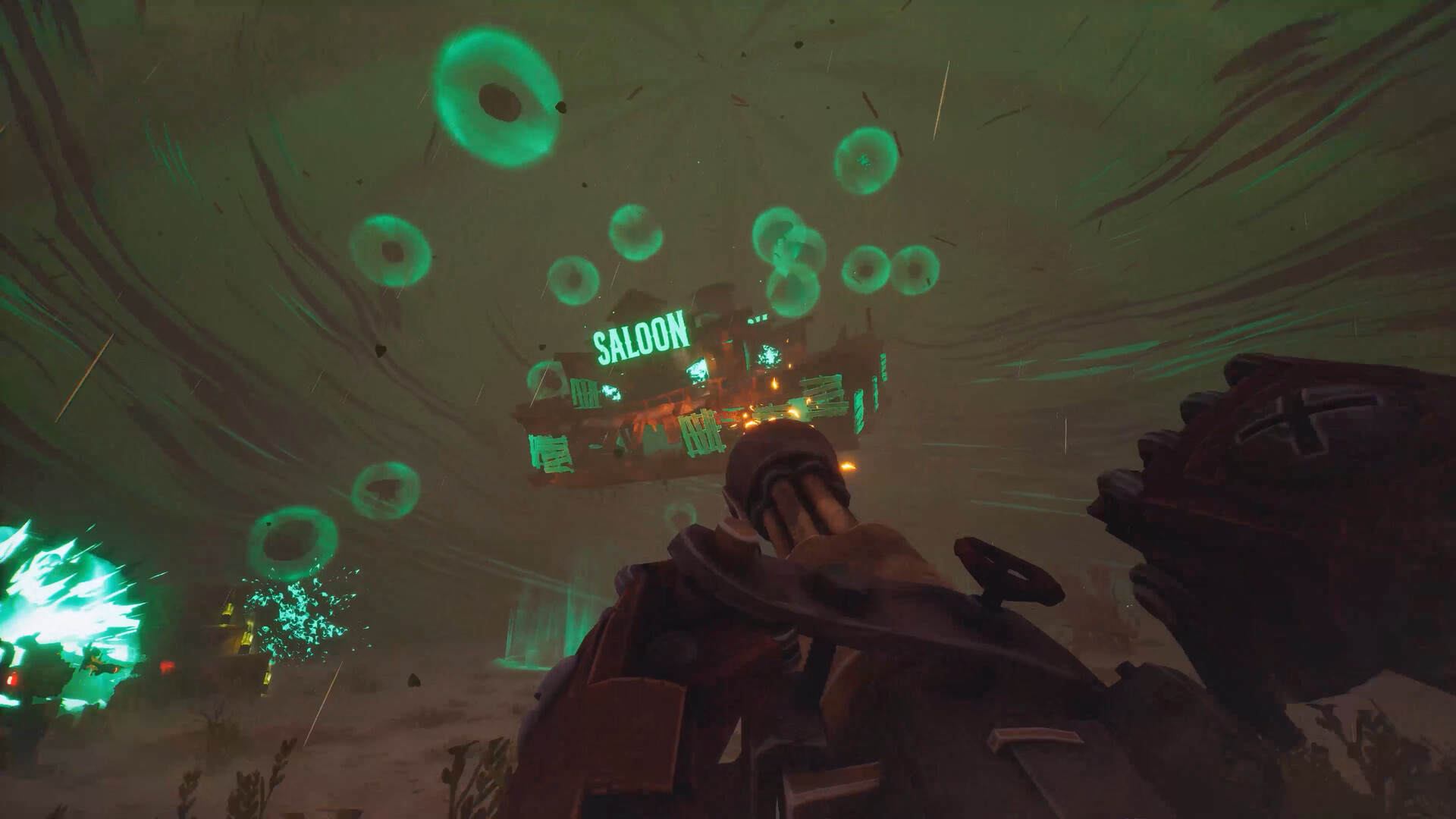 In co-op game Far Far West, a saloon swirls in the air within a hurricane as the player looks on from a first-person perspective wielding a minigun