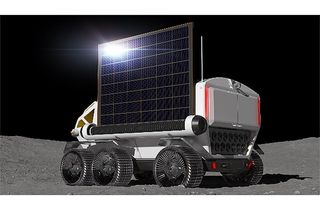 This concept of a Japanese moon rover built by Toyota appears to use a rollup solar array for power. JAXA and Toyota are exploring the use of fuel cells for electric power.