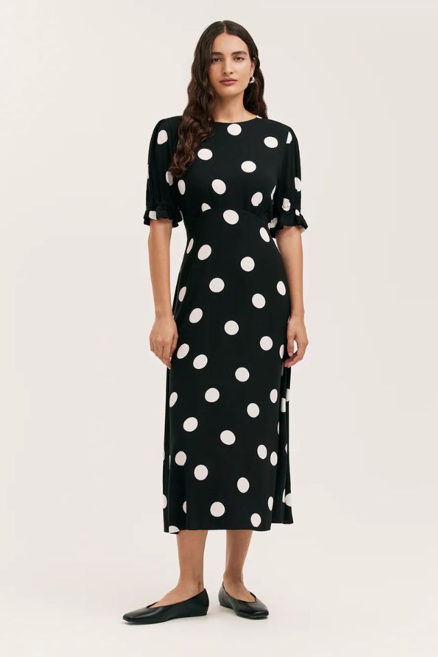 Finery Mela Black Spot Spun Midi Tea Dress