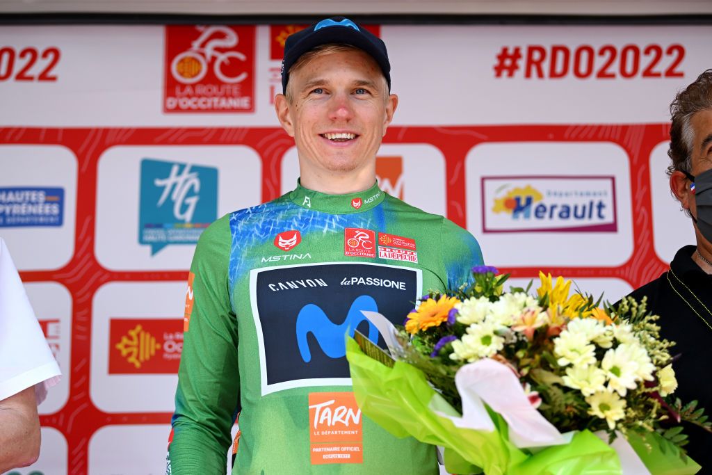 AUTERIVE FRANCE JUNE 19 Max Kanter of Germany and Movistar Team Green Points Jersey celebrates at podium winner during the 46th La Route dOccitanie La Depeche du Midi 2022 Stage 4 a 1883km stage from Les Angles to Auterive RDO2022 on June 19 2022 in Auterive France Photo by Dario BelingheriGetty Images