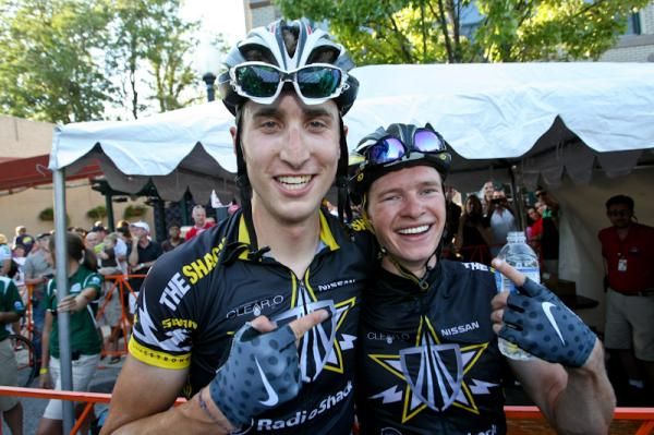 Taylor Phinney (l) and Ben King celebrate after the latter's success.