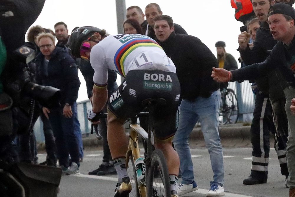 Peter Sagan looks for help with the chase at Tour of Flanders