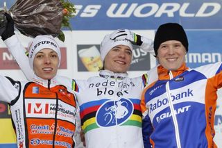 Elite women's podium: Lucie Chainel-Lefevre, Marianne Vos, Katherine Compton