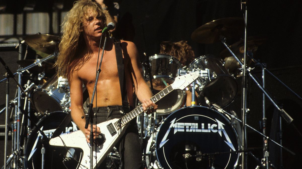 Singer and guitarist James Hetfield of the heavy metal quartet Metallica performs onstage in circa 1985.