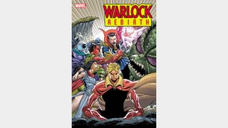 Adam Warlock with various characters behind him including Dr Strange