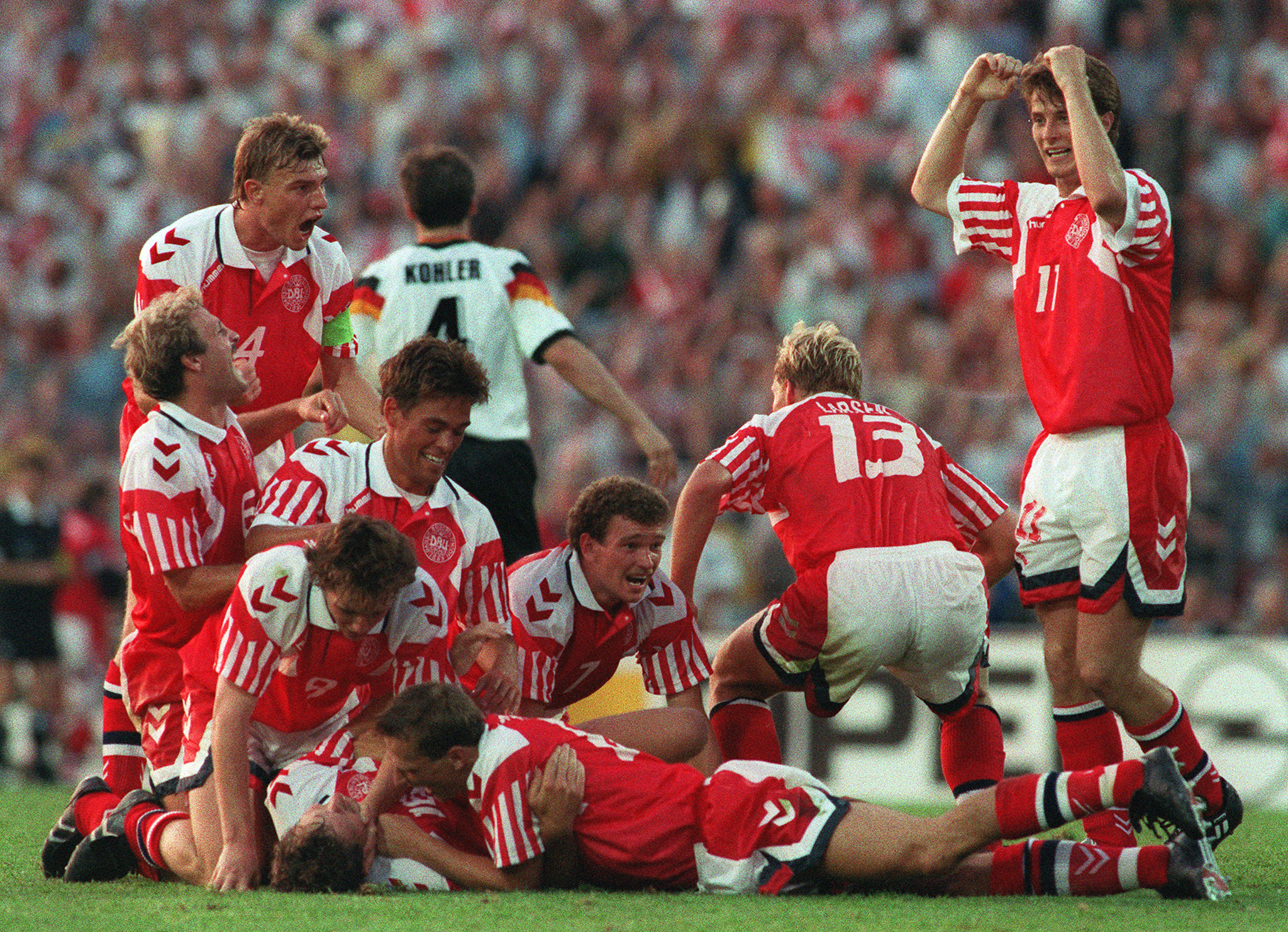 Denmark players celebrate after beating Germany in the final of Euro 92.